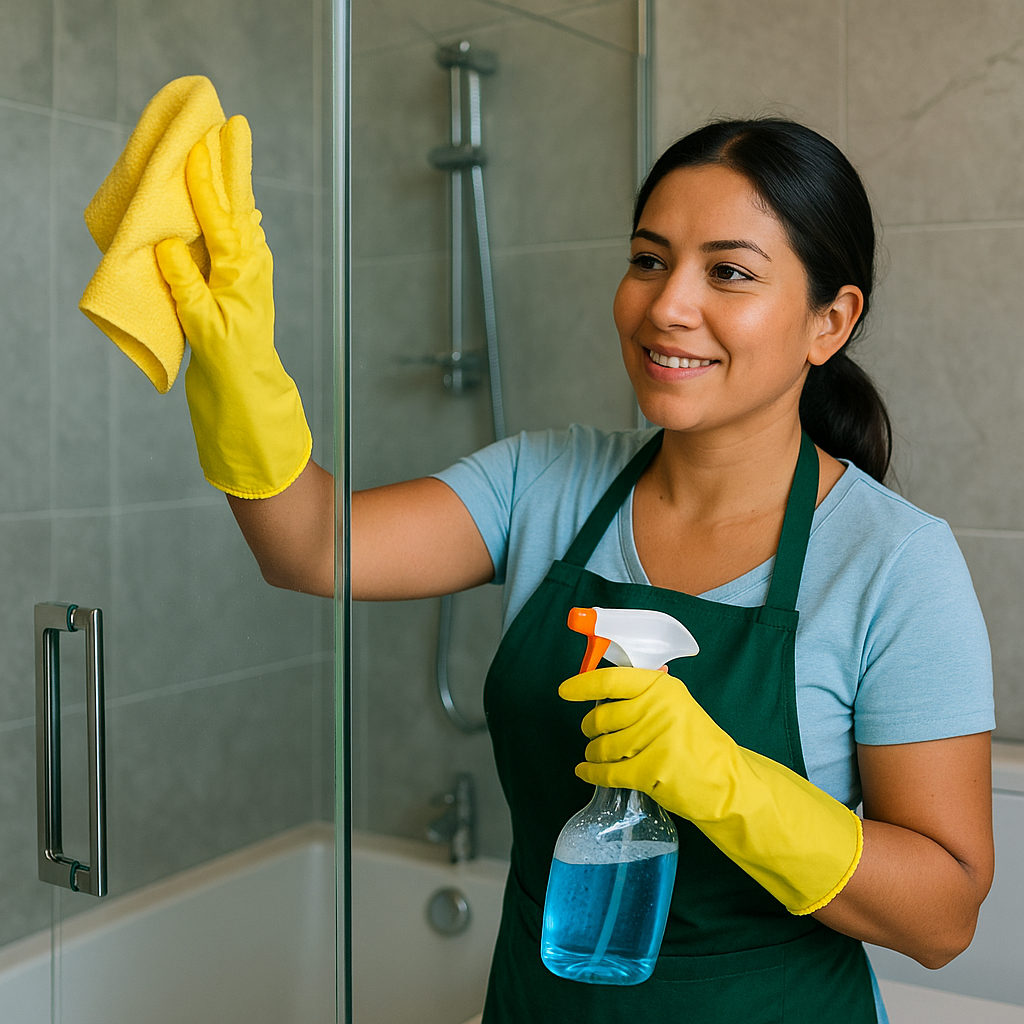 Professional cleaner wiping a shower glass door